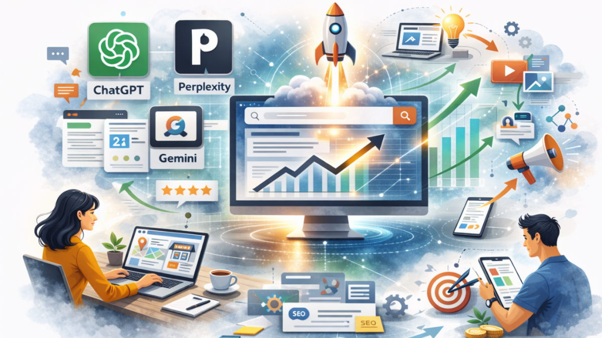 Digital marketing illustration showing AI platforms like ChatGPT, Perplexity, and Gemini