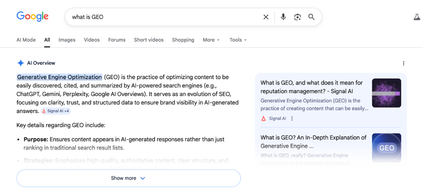 An example of GEO where “What is GEO” was searched and GEO showed answer as the AI overview of the query