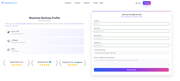Lead generation landing page for CausalFunnel featuring a free trial form and conversion-focused messaging.