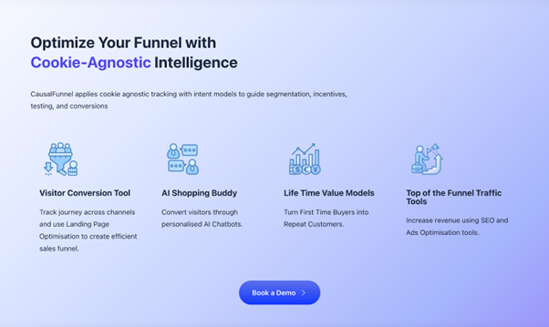 Banner highlighting cookie-agnostic intelligence for funnel optimization with CausalFunnel tools
