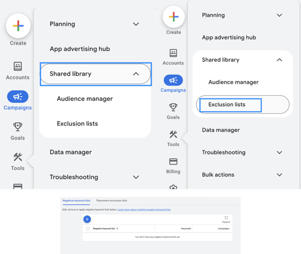 Screenshots of navigating to negative keywords.