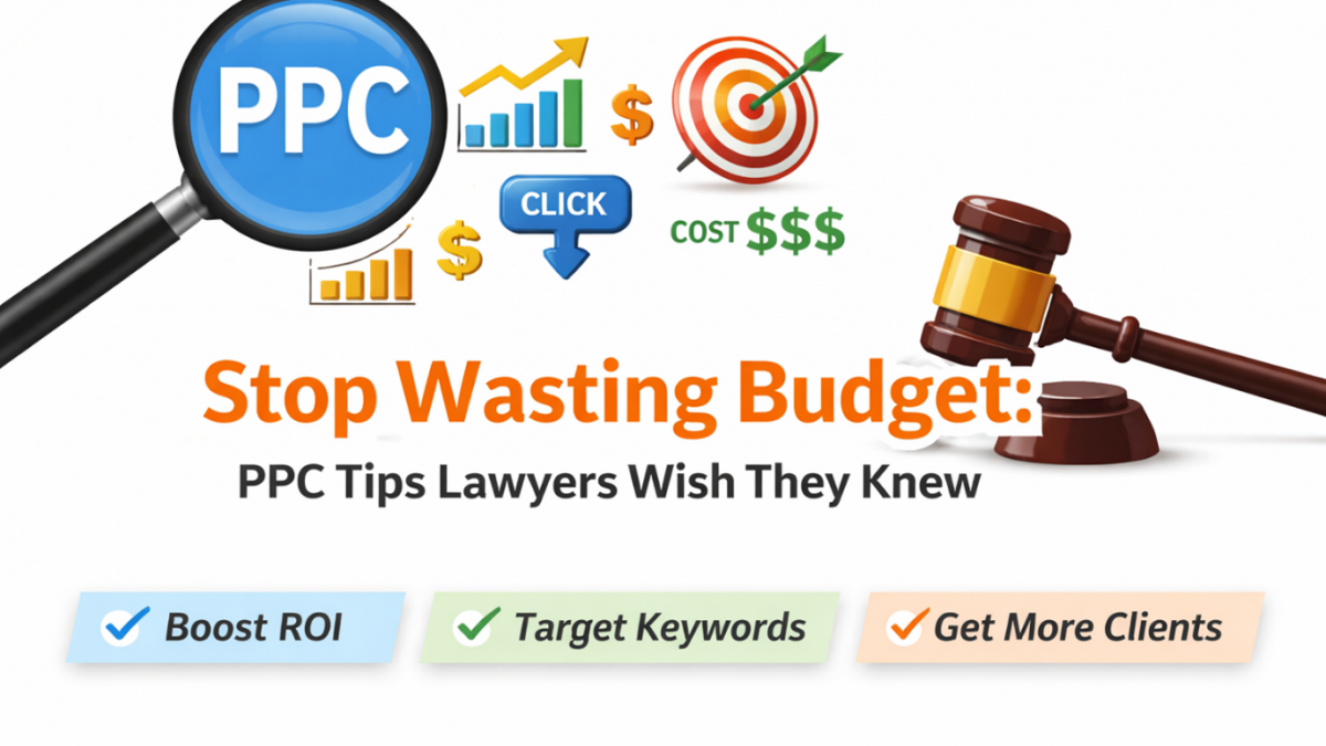 PPC marketing graphic with magnifying glass, charts, target, and gavel, highlighting tips to reduce ad spend and improve ROI for lawyers.
