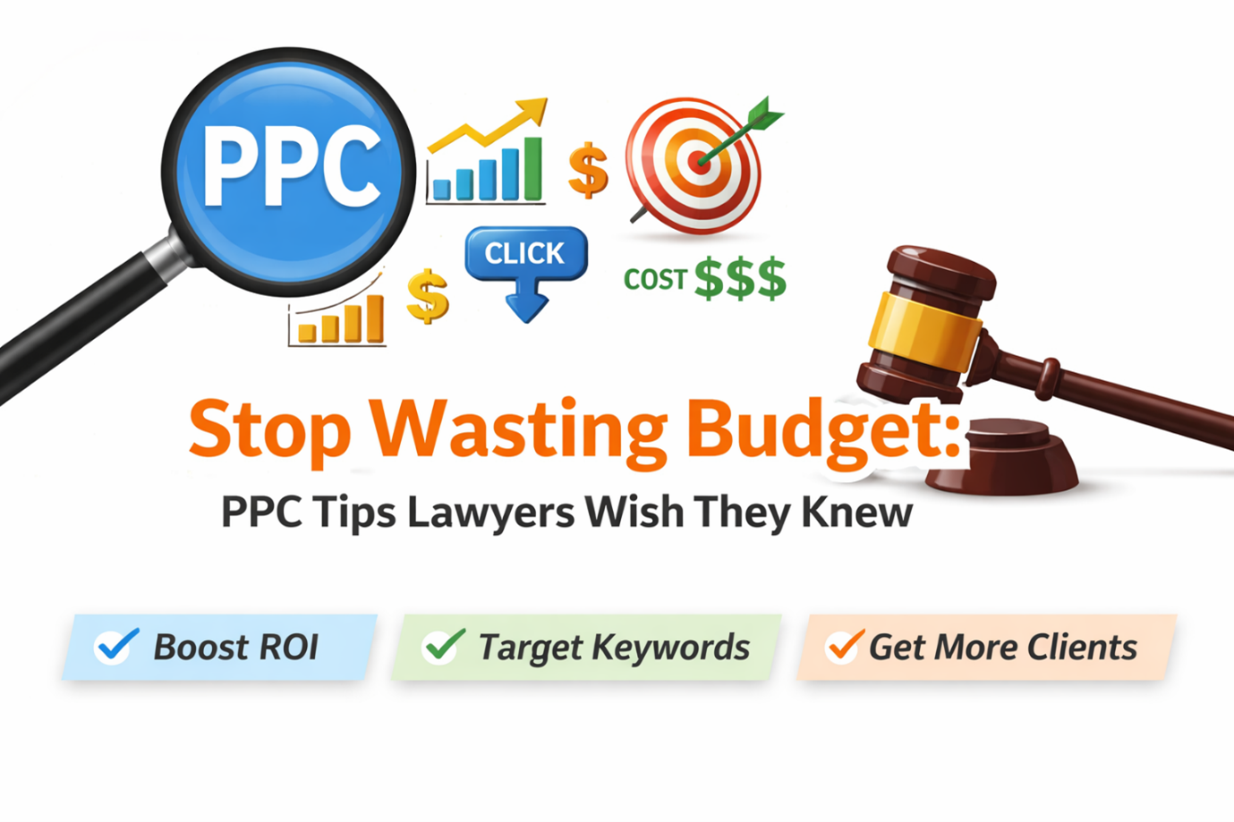 PPC marketing graphic with magnifying glass, charts, target, and gavel, highlighting tips to reduce ad spend and improve ROI for lawyers.
