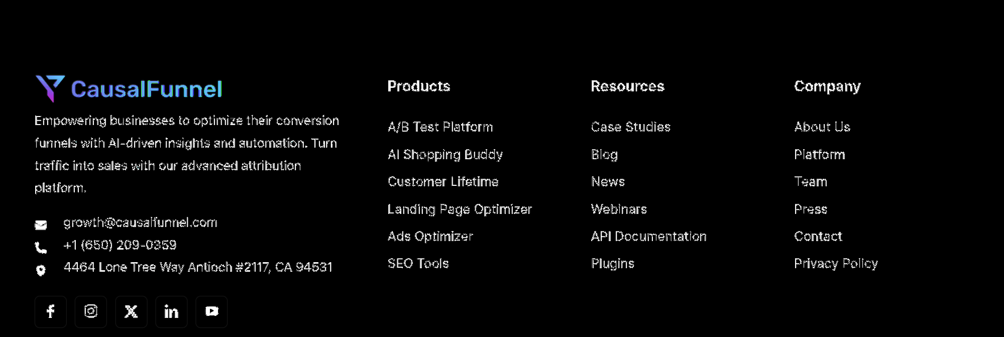 CausalFunnel’s clean footer navigation