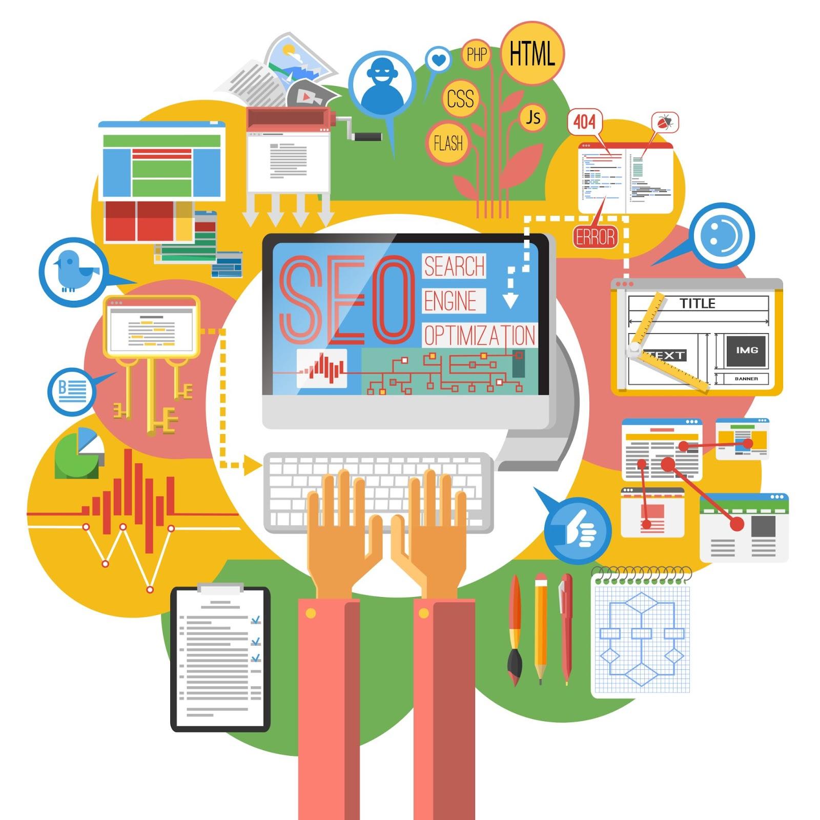 Illustration of SEO on a computer screen with content, coding, and analytics icons.