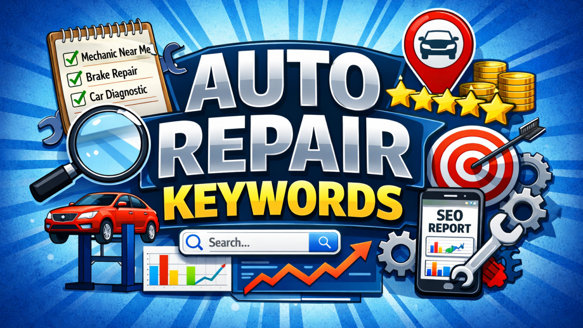 An image showing auto repair keywords and SEO tools.