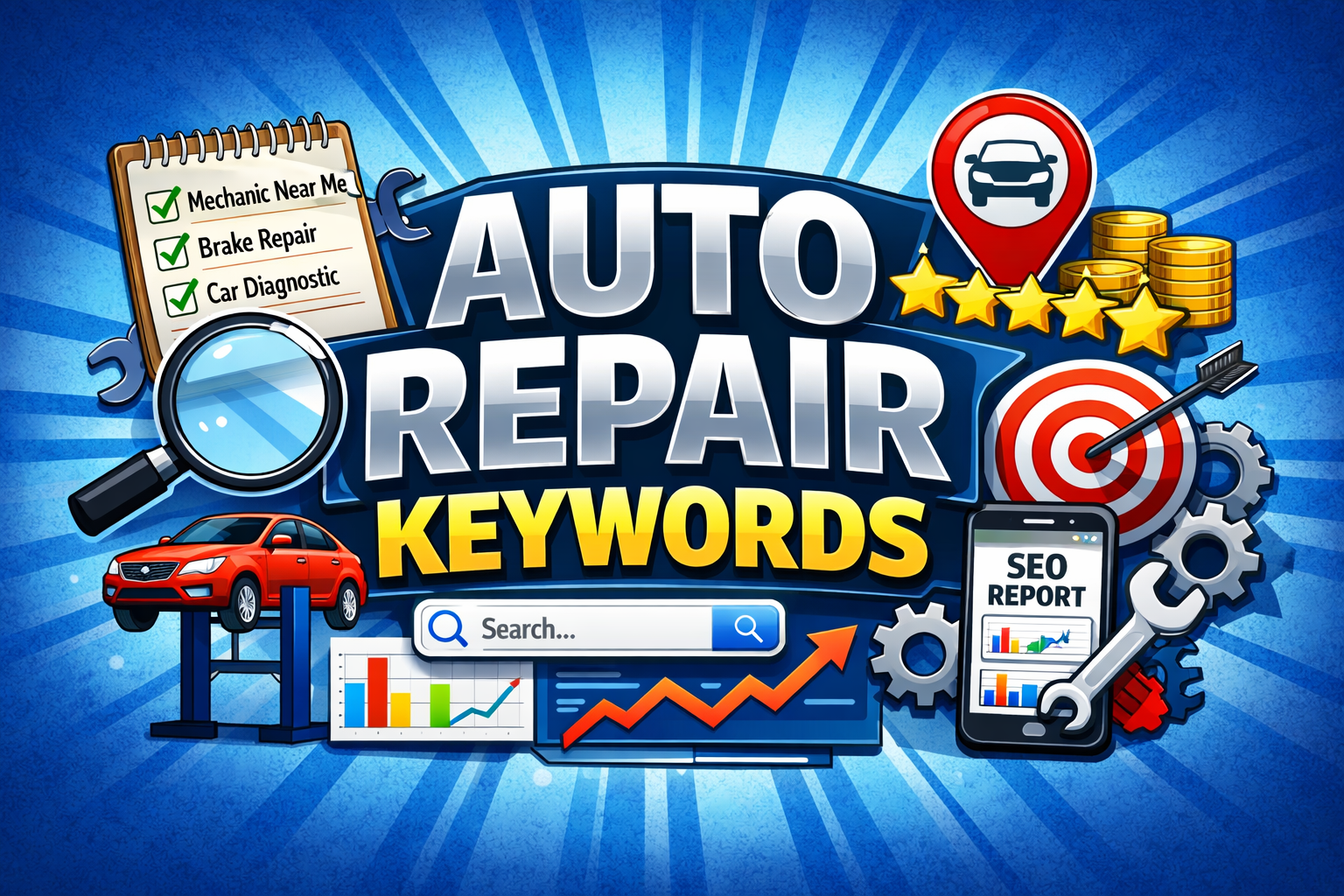 An image showing auto repair keywords and SEO tools.