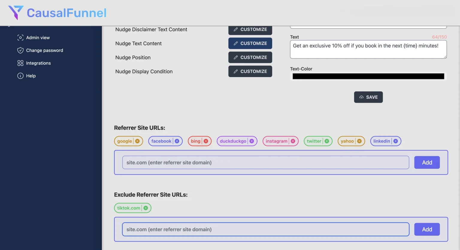 CausalFunnel dashboard with nudge settings and referrer URL targeting options.
