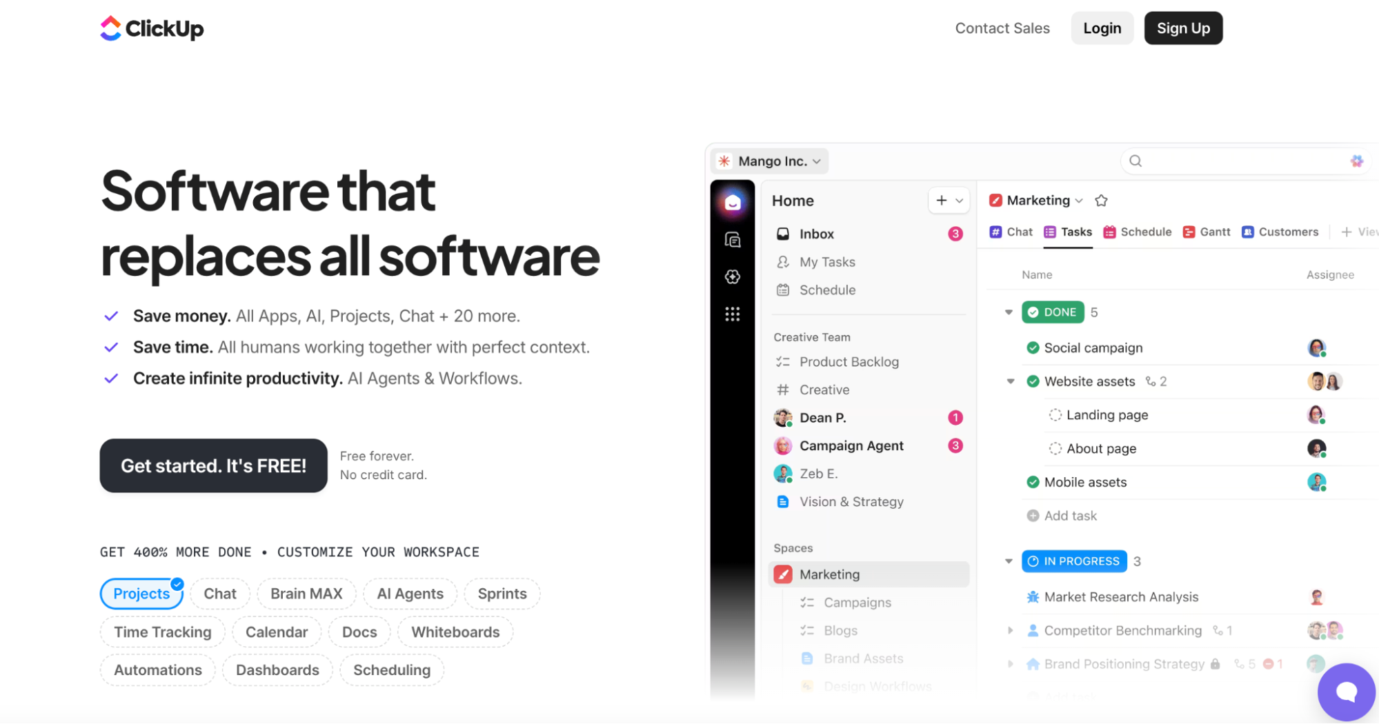 A screenshot of the dashboard of ClickUp