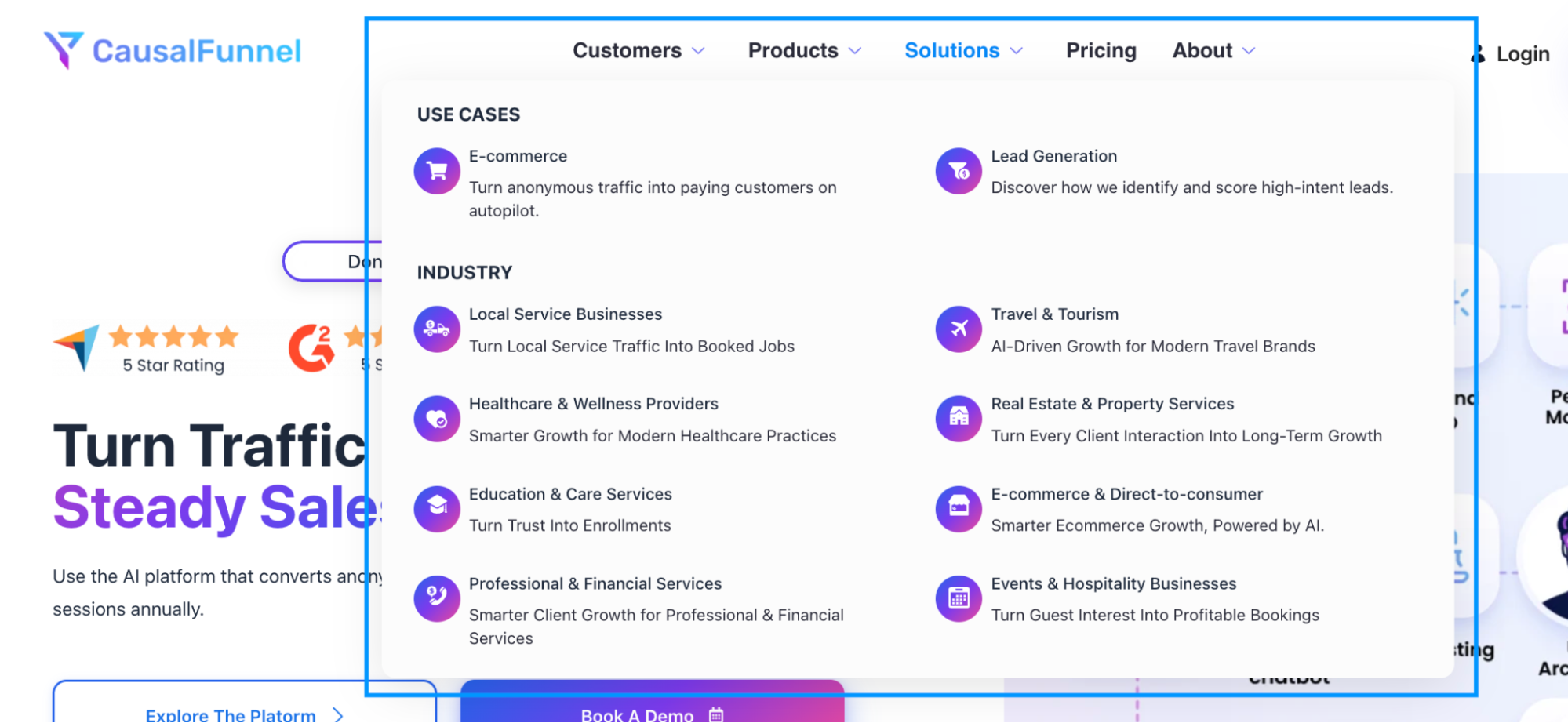 Easy dropdown menus on CausalFunnel homepage 