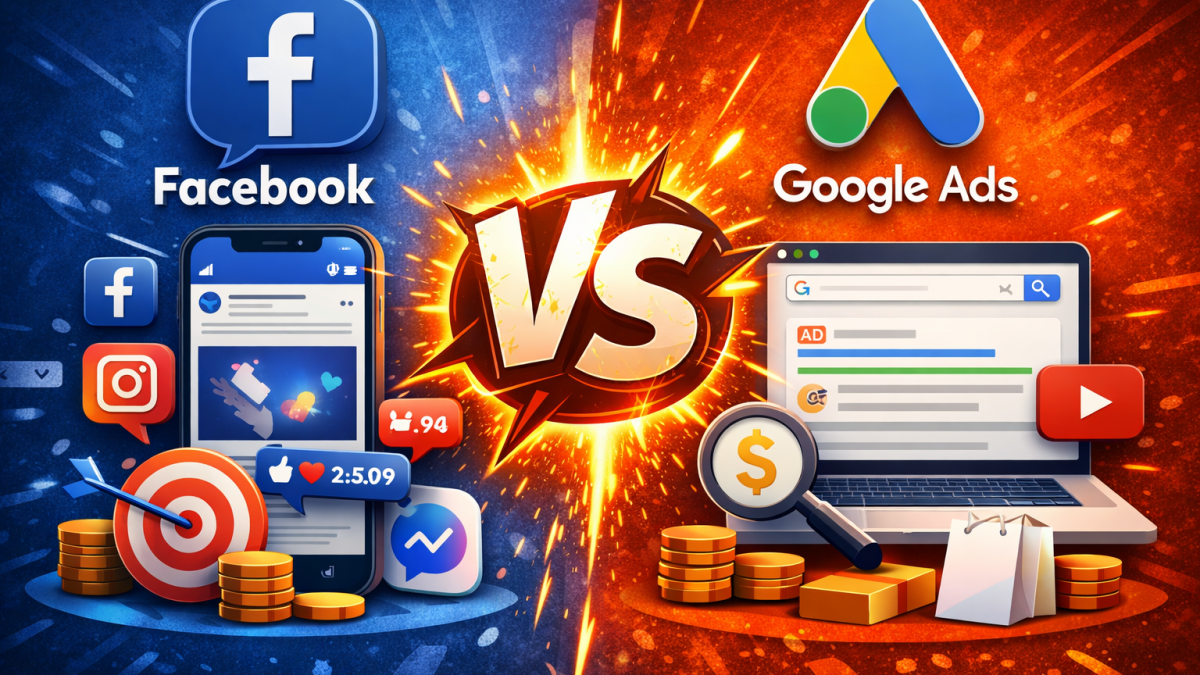 An image showing Google ads vs. Facebook ads showdown.