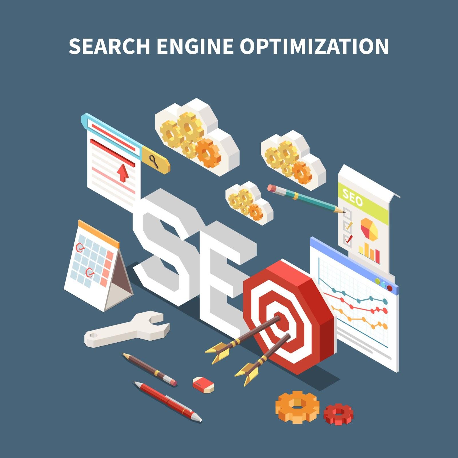 Isometric illustration showing search engine optimization elements, including SEO tools, charts, gears, and a target.