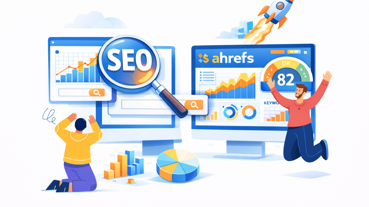 An illustration of SEO tools like Ahrefs.