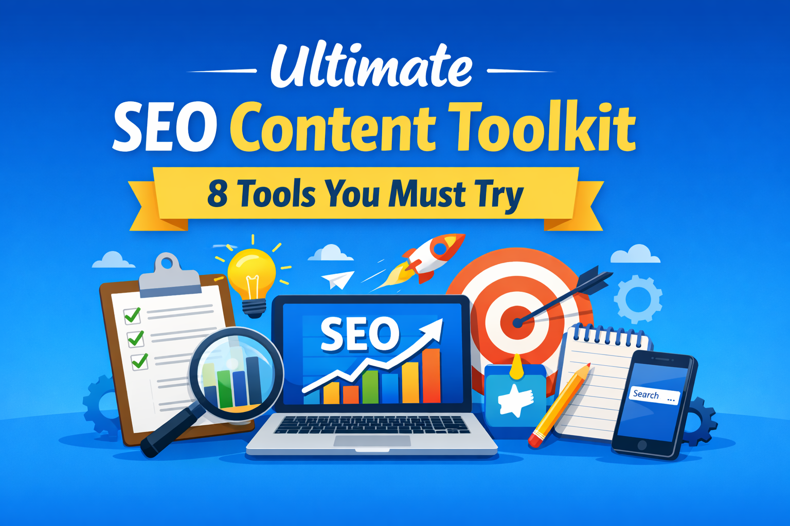 Minimal hero image with SEO tools icons and the title “Ultimate SEO Content Toolkit: 8 Tools You Must Try.