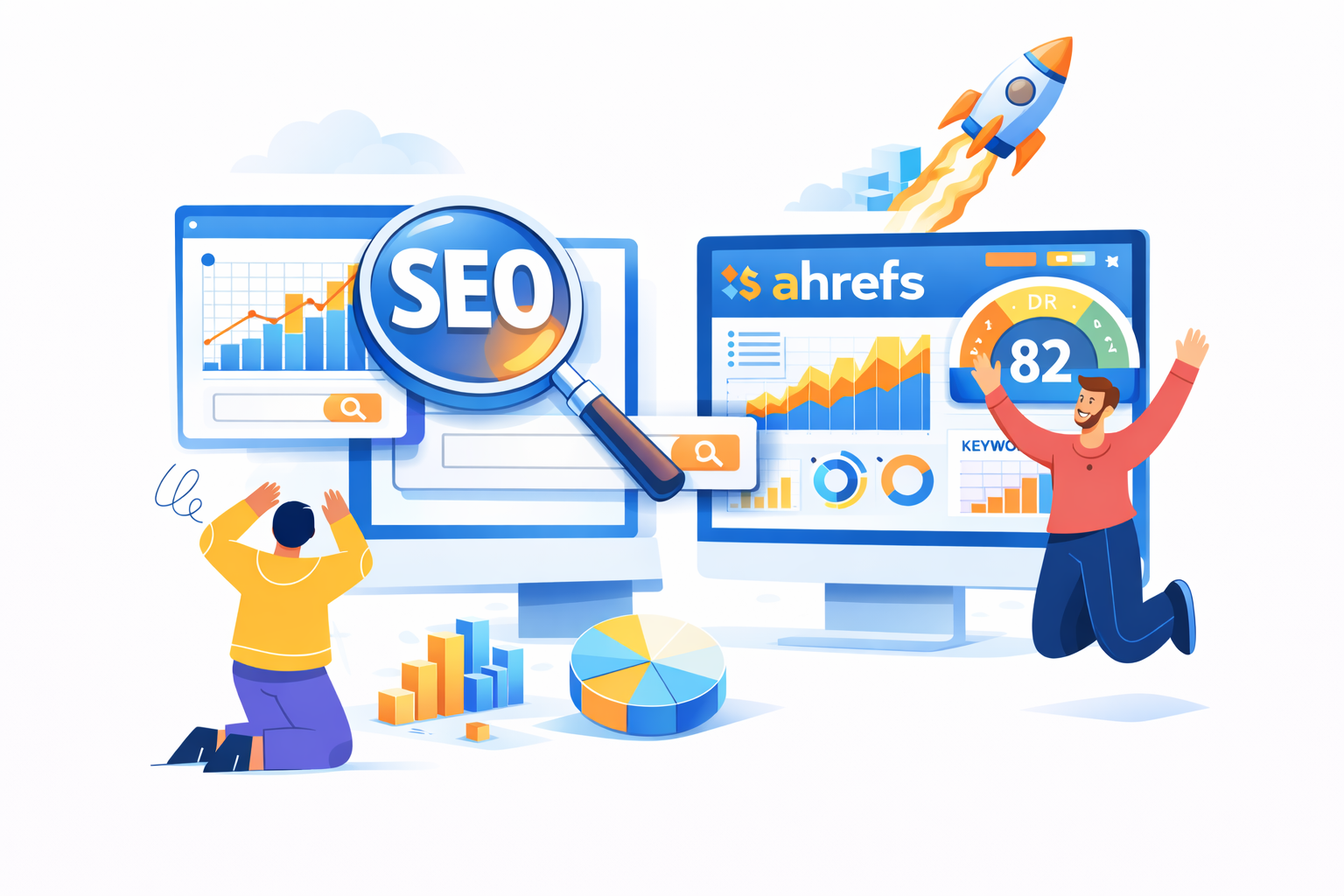An illustration of SEO tools like Ahrefs.