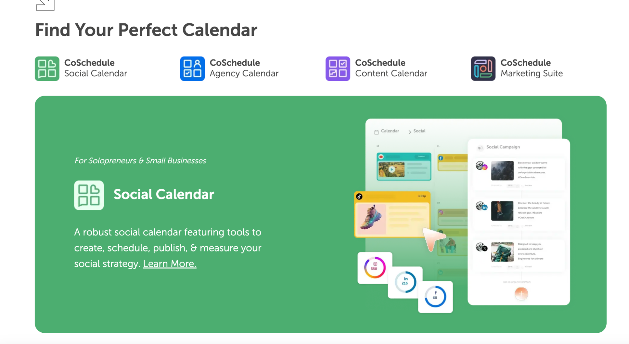 A screenshot of CoSchedule’s dashboard showing the calendars it offers