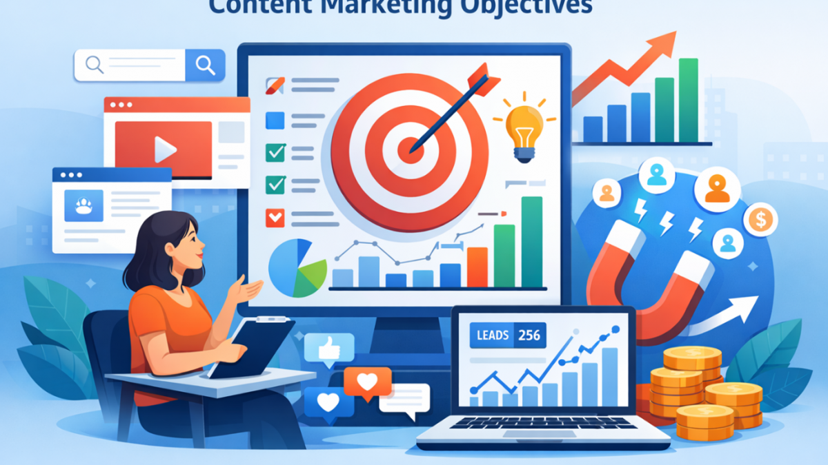 Digital illustration showing a marketer planning content strategy