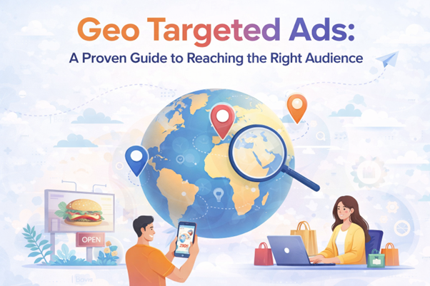 Geo targeted ads concept illustration with global map and location pins