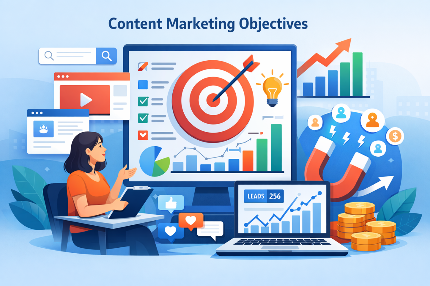 Digital illustration showing a marketer planning content strategy