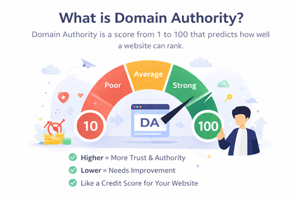 Domain authority score scale from 1 to 100 showing website strength levels