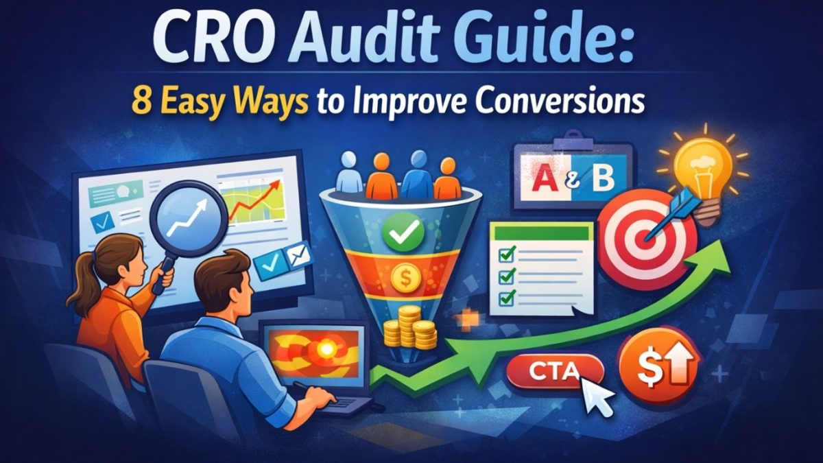 CRO audit dashboard with growth chart, A/B testing, and CTA icons.