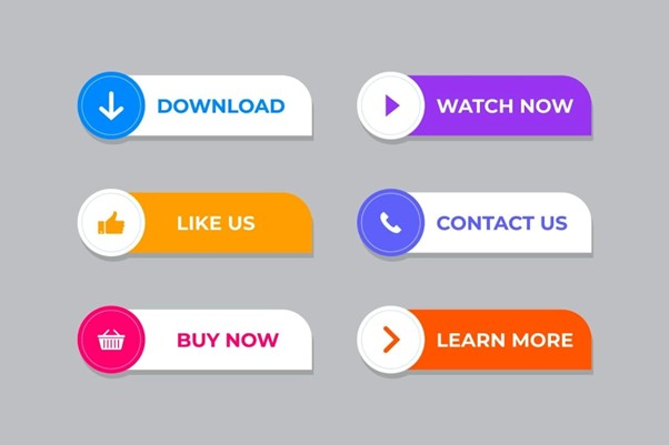 Collection of CTA button designs showing different styles, colors, and shapes for conversion-focused landing pages.