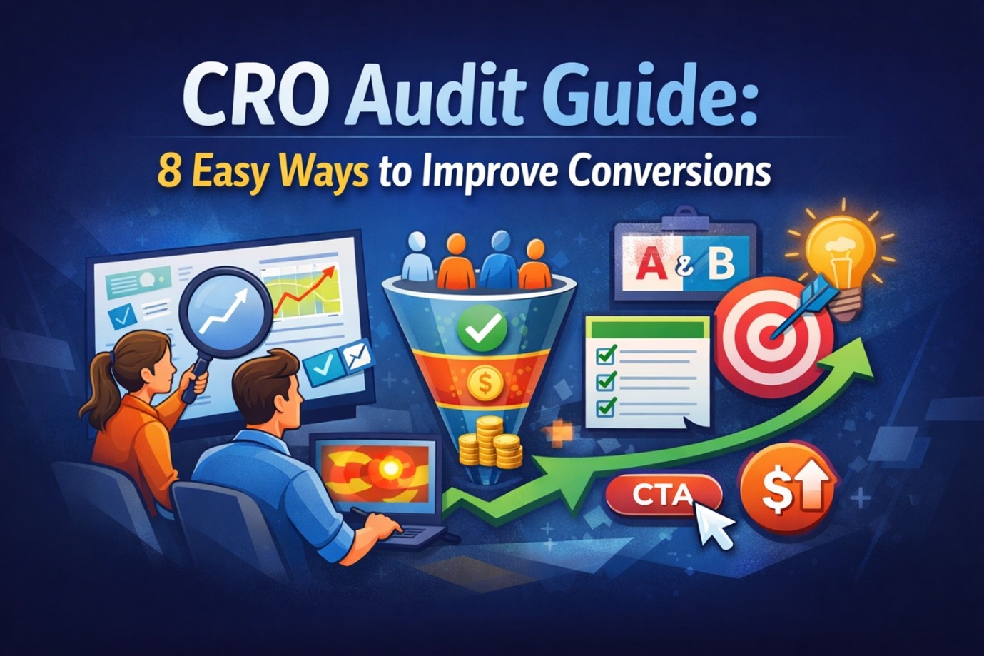 CRO audit dashboard with growth chart, A/B testing, and CTA icons.