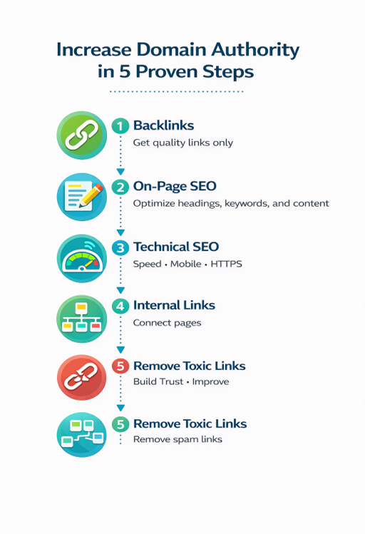 Strategies to increase Domain Authority, including backlinks, SEO, and technical improvements.