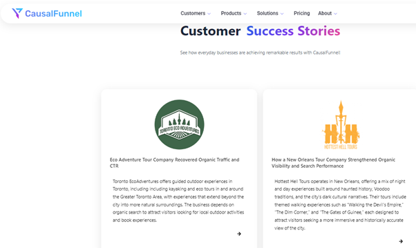 Customer success stories page showing case studies with company logos, brief descriptions, and navigation links.