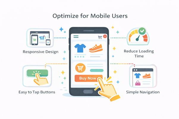Mobile optimization infographic showing responsive design, easy tap buttons, fast loading, and simple navigation.