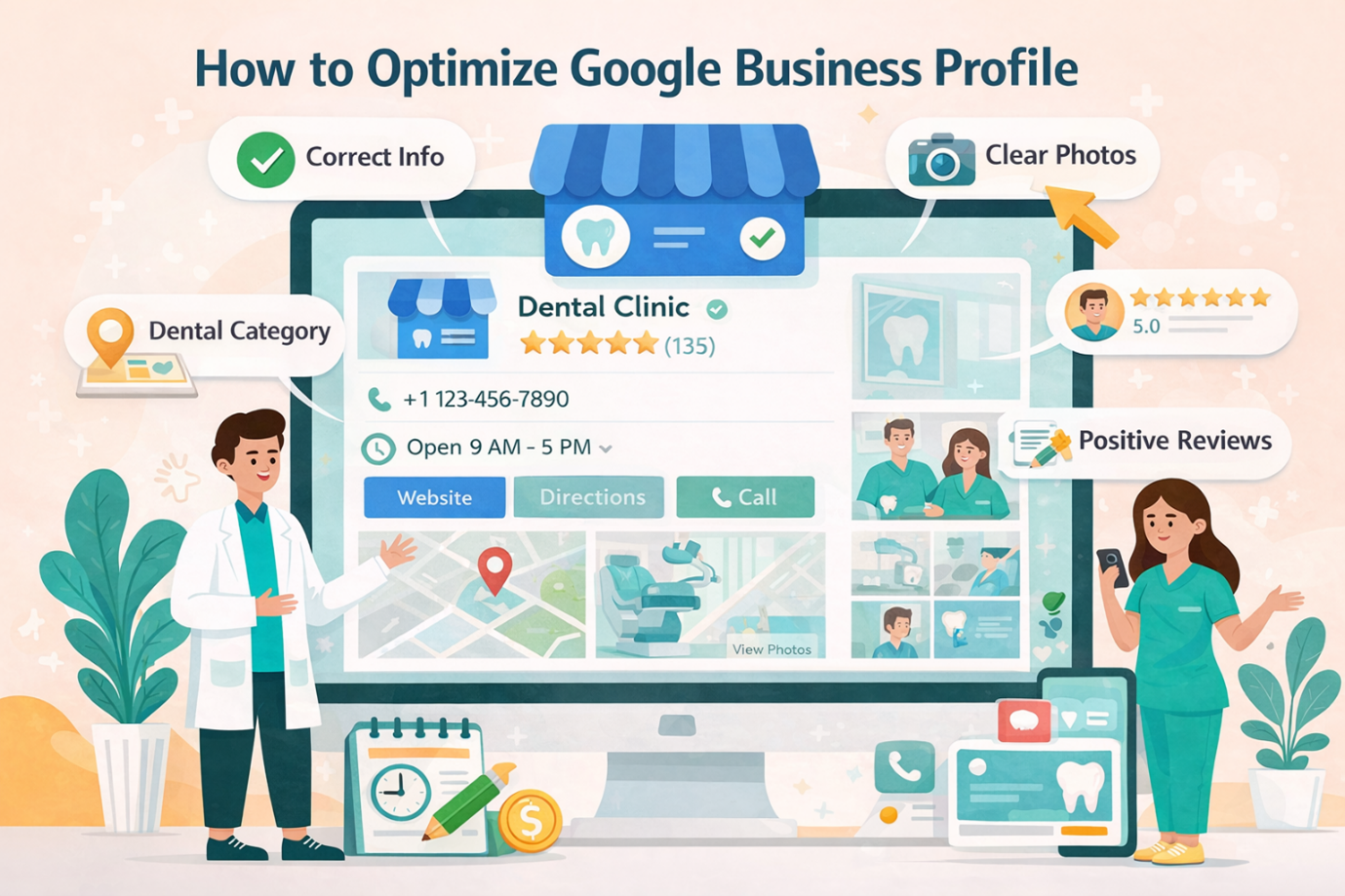  Google Business Profile interface showing dental clinic details for local SEO optimization.