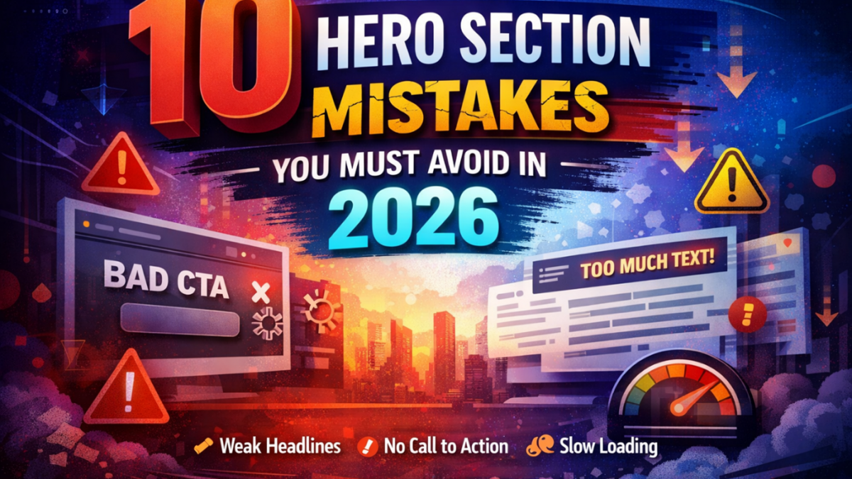 Colorful graphic showing 10 hero section mistakes like bad CTA, too much text, and slow loading in 2026