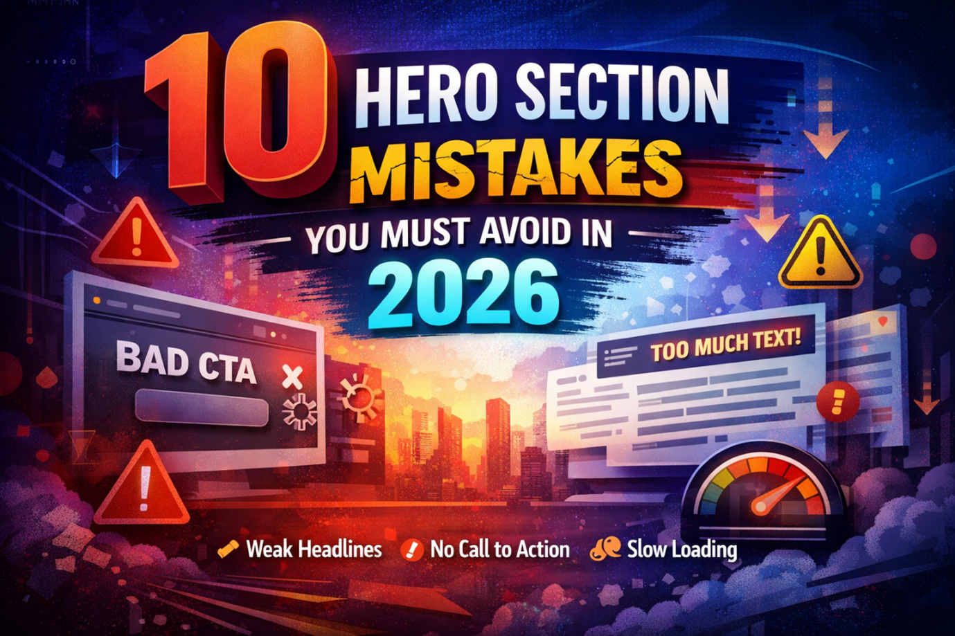 Colorful graphic showing 10 hero section mistakes like bad CTA, too much text, and slow loading in 2026