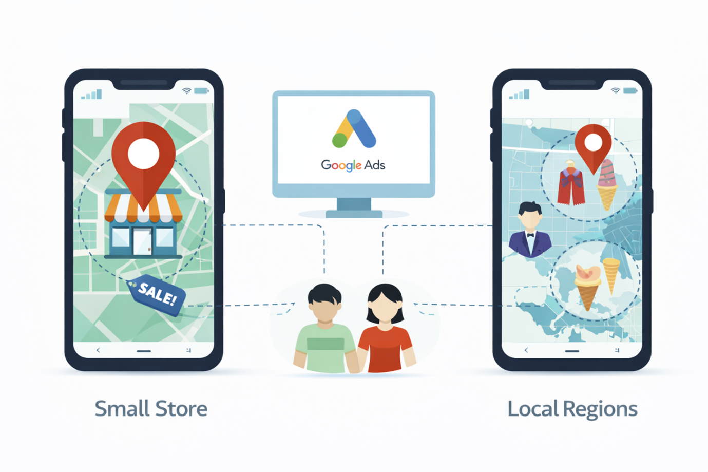 Demonstration of how geo-targeting works in Google Ads.