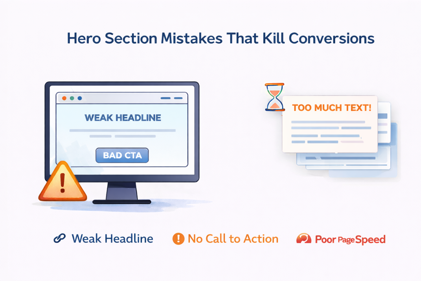  Illustration showing hero section mistakes like weak headline, poor CTA, and excessive text affecting conversions

