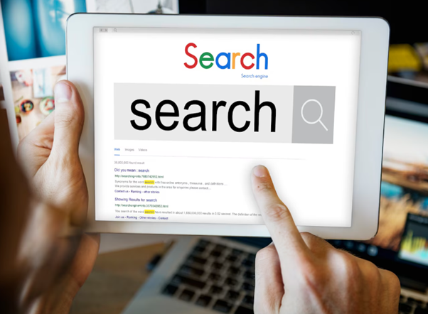 Tablet showing search engine results for SEO