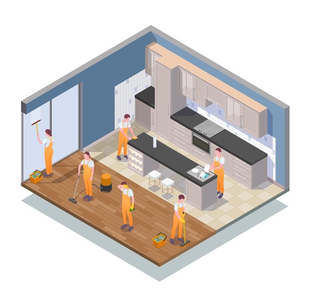 : Illustration showing home service professionals working in a residential space.