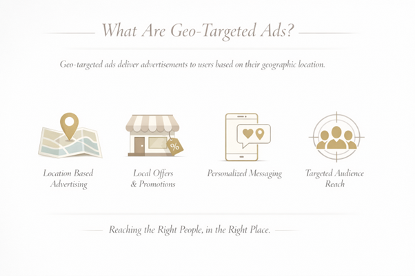 Geo-targeted advertising process infographic with IP, GPS, and radius targeting