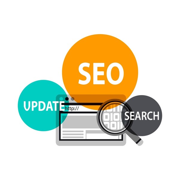 Illustration of website SEO update and search process with browser window, magnifying glass, and SEO optimization elements