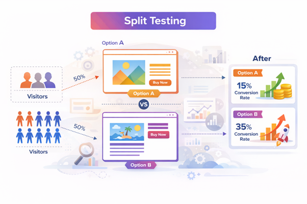 Split testing process diagram comparing Option A vs Option B
