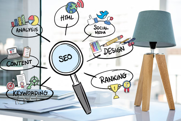 SEO concept with analysis, content, keywords, HTML, social media, design, and ranking.
