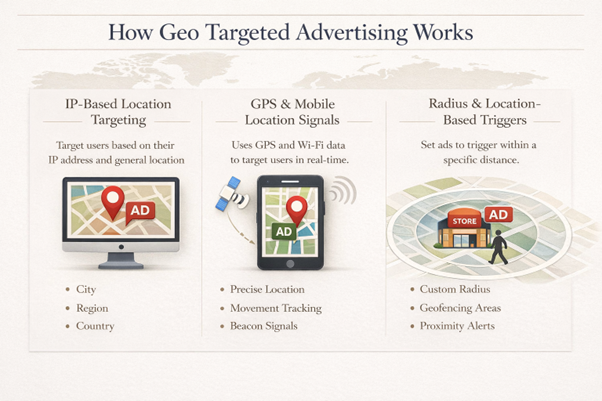 Geo targeted ads concept illustration with global map and location pins