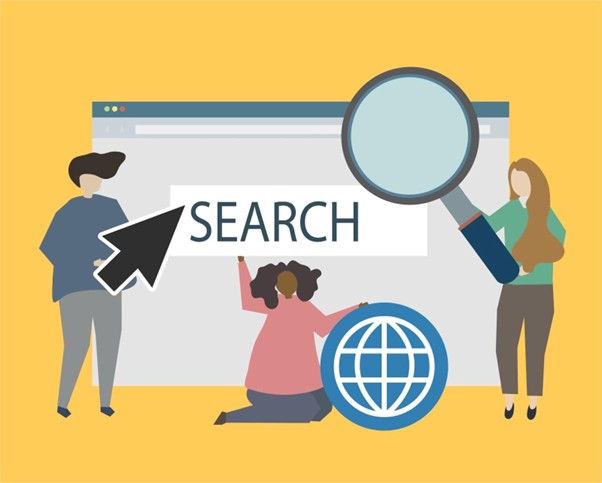 Illustration of people analyzing website search with magnifying glass, cursor pointer, and global SEO elements on a browser screen