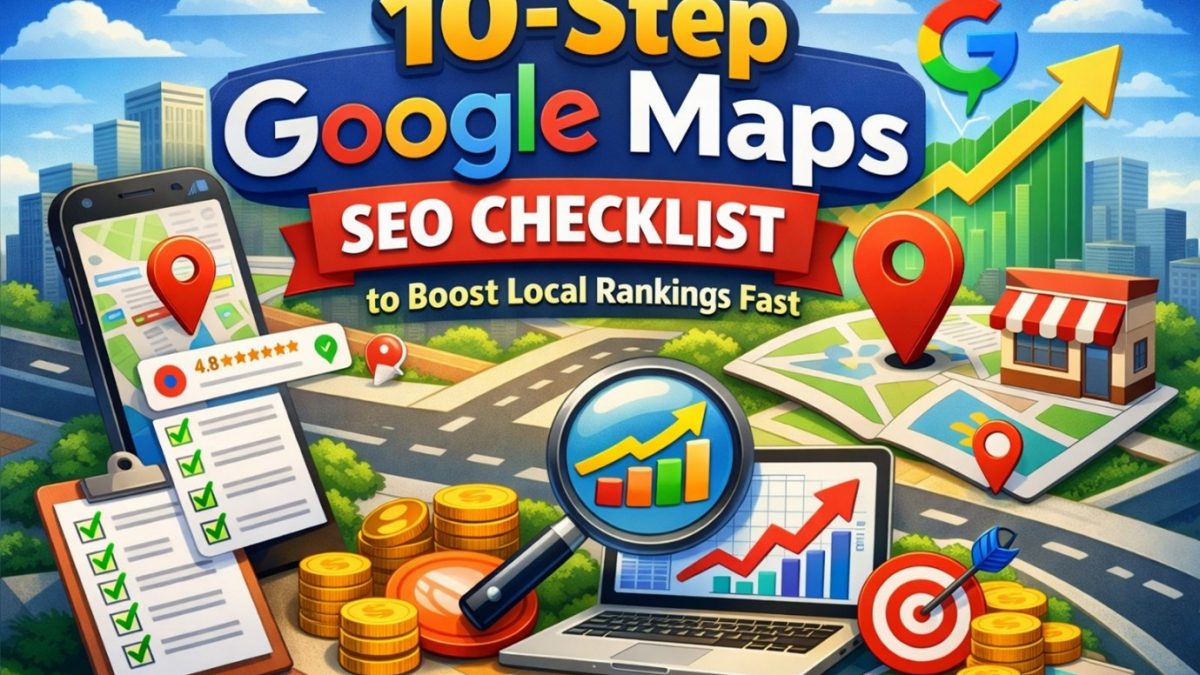 10-step Google Maps SEO checklist with map, pins, and growth chart.