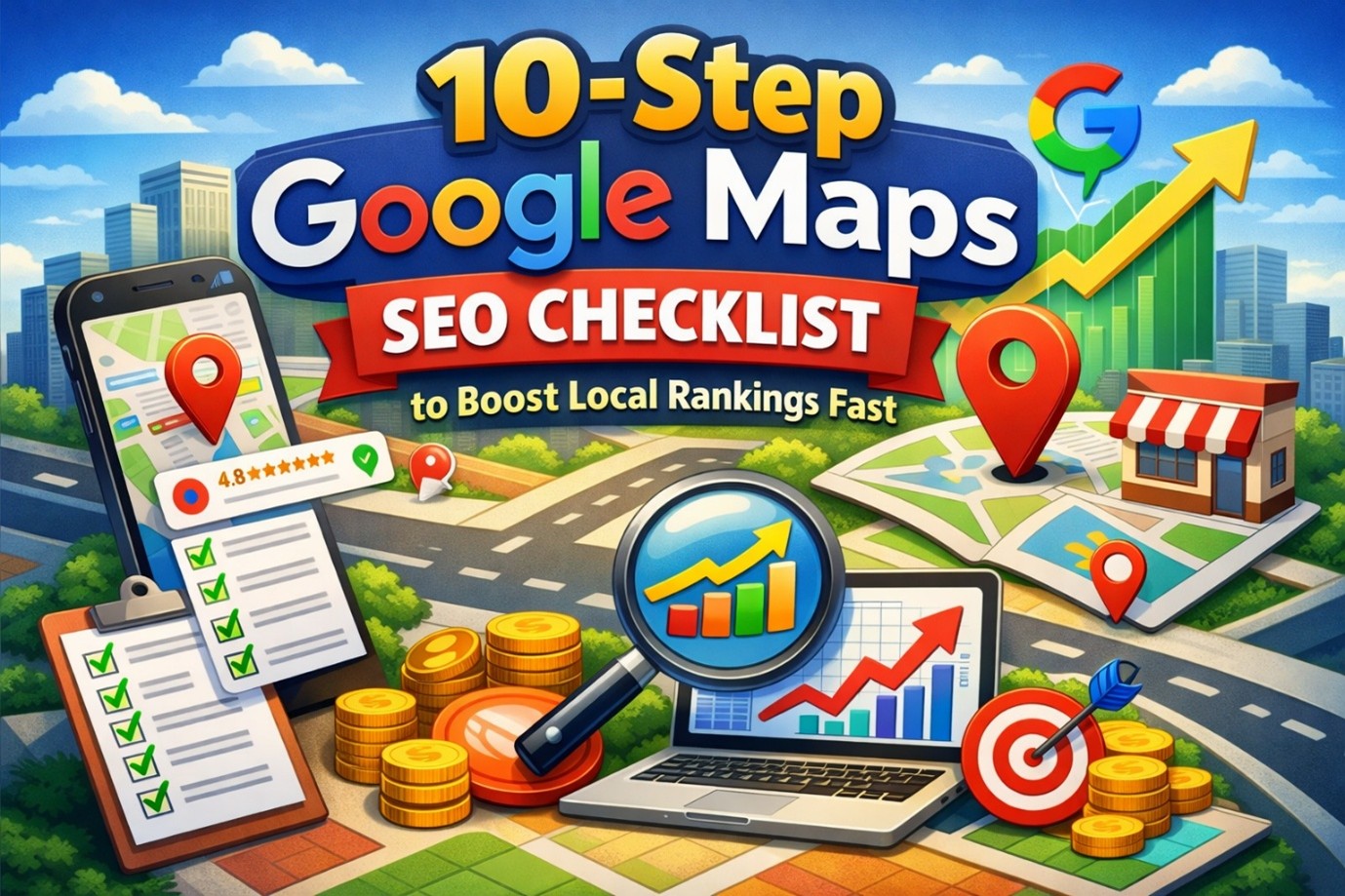 10-step Google Maps SEO checklist with map, pins, and growth chart.