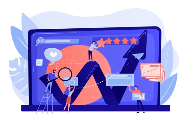 Illustration of a team analyzing customer experience analytics data on digital dashboards.