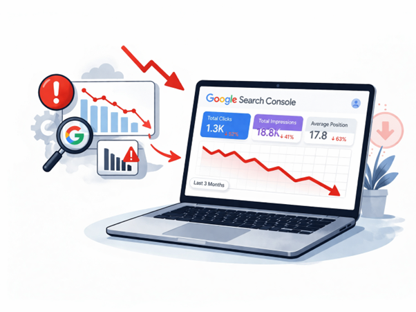 Common SEO mistakes concept with website errors affecting rankings.