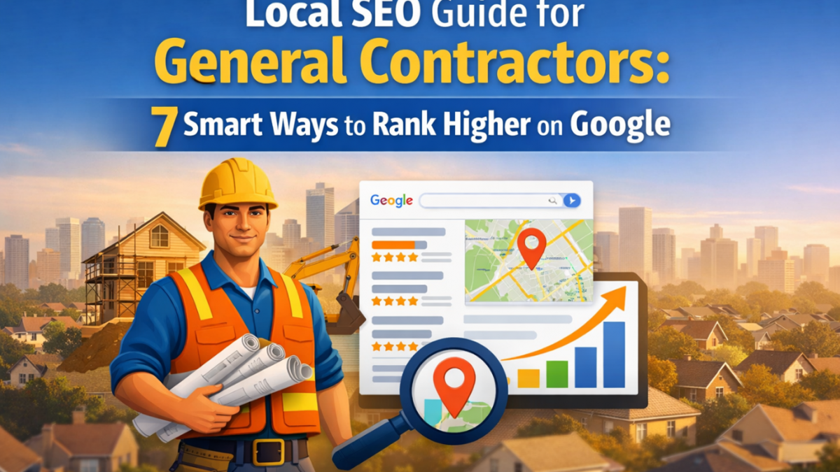 Illustration of a general contractor holding blueprints at a construction site, with a Google search map.