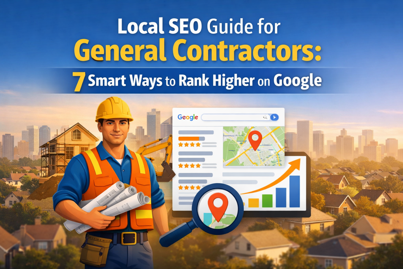 Illustration of a general contractor holding blueprints at a construction site, with a Google search map.