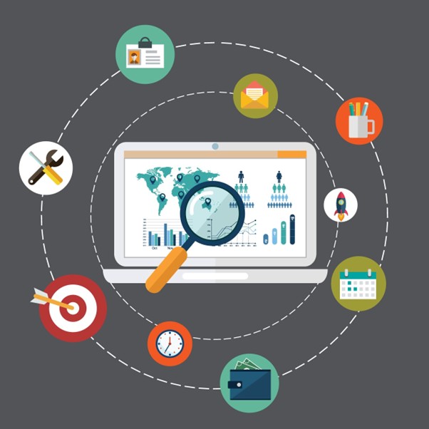 Laptop displaying SEO analytics graphs with customer icons and local search elements surrounding the screen